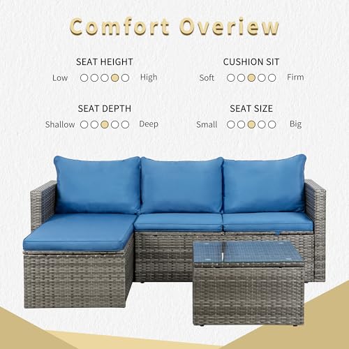 JAMFLY Patio Furniture Set 3 Piece Outdoor Sectional Patio Sofa, All-Weather Wicker Rattan Outdoor Furniture Set with Glass Table and Cushions,Grey