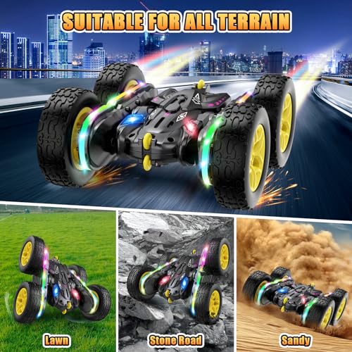 Jimdella Remote Control Car,RC Cars with sides light strip and Headlights,Double Sided 360 Flips Rotating RC Stunt Car,2.4Ghz All Terrain Toys for Ages 4-6 Kids Toy for Boys Girls Birthday Gift(black)