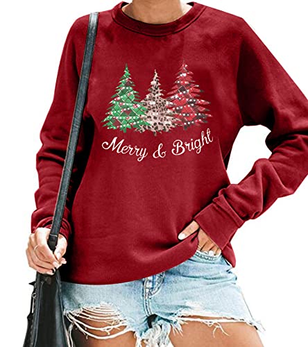 Merry and Bright Sweatshirt Women Merry Christmas Tops Leopard Plaid Christmas Tree Pullover Holiday Causal Blouse