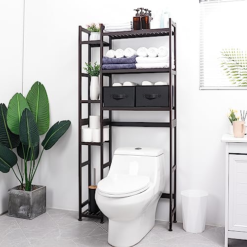 Homde Over The Toilet Storage with Basket and Drawer, Bamboo Bathroom Organizer with Adjustable Shelf & Waterproof Feet Pad, Space Saver Storage Rack for Bathroom, Restroom, Laundry, Brown