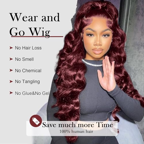Gemlong 34 inch 99j Burgundy Lace Front Wigs Human Hair 13x4 HD Lace Front Wigs Human Hair 200 Density Burgundy Wig Human Hair for Black Women Body Wavy Human Hair 12A Glueless Brazilian Virgin Hair