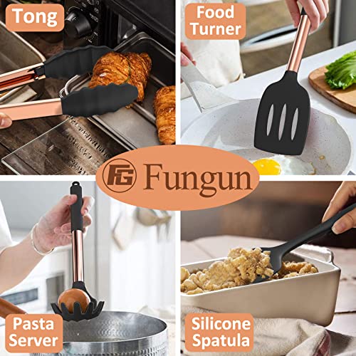 Silicone Cooking Utensil Set, Fungun 24pcs Silicone Cooking Kitchen Utensils Set, Non-stick Heat Resistant - Best Kitchen Spatulas Set with Copper Stainless Steel Handle - Black(BPA Free, Non Toxic)