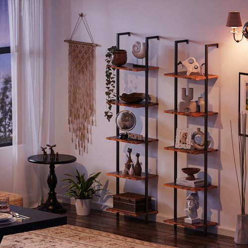 SUPERJARE 5 Tier Bookshelf, Narrow Book Shelf with Open Display Shelves, Small Bookcase with Metal Frame for Bedroom, Living Room, Rustic Brown