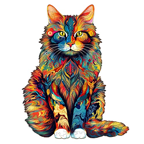 KAAYEE Wooden Jigsaw Puzzle, Maine Coon Cat Puzzle, 80 Pieces, 8.3 * 6.6 Inch, Animal Unique Shaped Puzzle, Gift for Kids and Adults