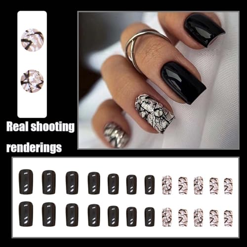 Press on Nails Short Square Fake Nails Black White Mature sexy style Acrylic Nails with Cracked meteorite fragments Designs Glitter Full Cover Glossy Black False Nails Stick on Nails for Women 24Pcs