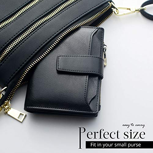 Bveyzi Women's Small Leather RFID Blocking Bifold Zipper Pocket Wallet Ladies Credit Card Slots Purse with id Window(Black)