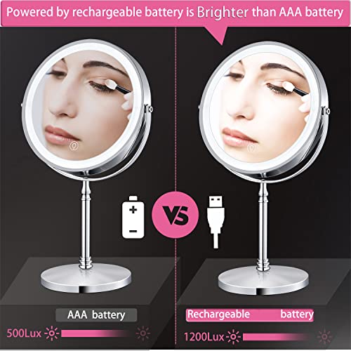 AMZNEVO Rechargeable 8'' Lighted Makeup Mirror, 10X Magnifying Vanity Mirror with 3 Color LED Lights, Double-Sided Cosmetic Mirror Battery Powered, Touch Button Adjust Brightness