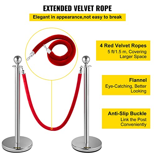 VEVOR Velvet Ropes and Posts, 8 Pcs, 5 ft Red Velvet Rope, Stanchion Post with Ball Top, Crowd Control Barriers, Red Carpet Poles for Party Supplies