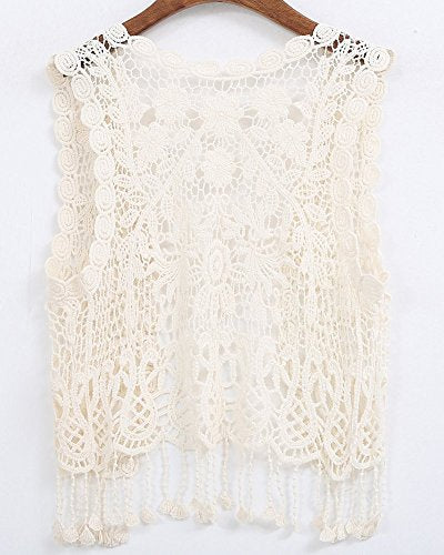 SMILING PINKER Little Girl's Crochet Vest with Fringe V neck Sleeveless Cardigan Open Front (Beige, Small)