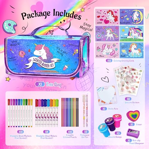 weirtoya Washable Fruit Scented Markers Set with Unicorn Pencil Case Stationery Set Valentine's Day Gifts Unicorn Toys Birthday Gifts for Girls 4-9 Years Valentine Craft Magical Unicorn