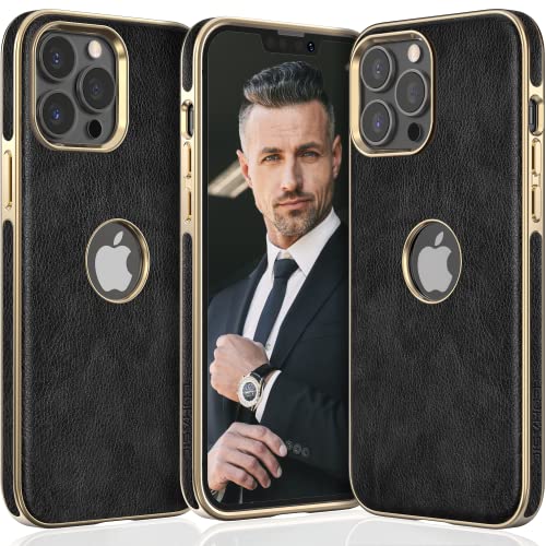 LOHASIC Case for iPhone 14 Pro Max, Logo View, Vintage PU Leather Luxury Elegant ProMax Phone Cover for Men Women, Anti-Slip Grip Protective TPU Bumper, 6.7 Inch, 5G, 2022 - Black Gold