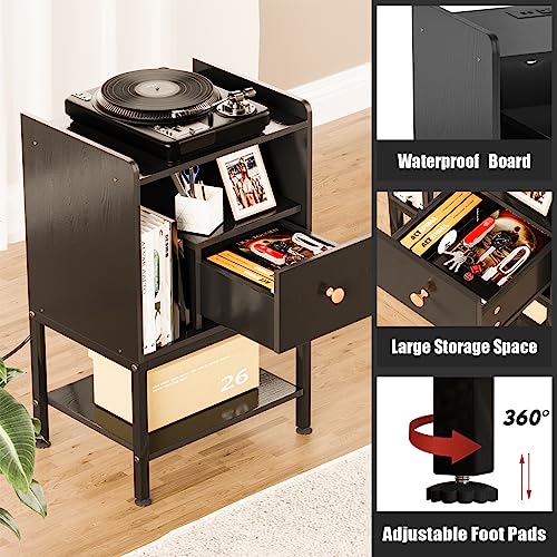 Gannyfer Nightstand with Charging Station,Night Stand with USB Ports and Storage Drawer,Modern 3-Tier End Side Table,Small Wood Bedside Table for Bedroom,Living Room,Black