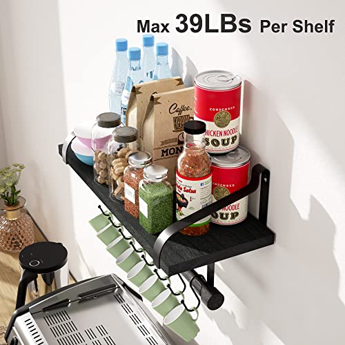 Love-KANKEI Floating Shelves for Coffee Bar,Bathroom Shelves with Towel Bar, Wall Shelves with 8 Hooks for Kitchen, Storage Shelf Set of 2 for Bedroom,Living Room，17.3 Inch Black