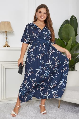 Keluummi Plus Size Wedding Guest Maxi Dress for Curvy Women, Summer Formal Floral Long Wrap Cocktail Dress with 3/4 Sleeve(16 Plus, 01 - Navy Blue Floral)