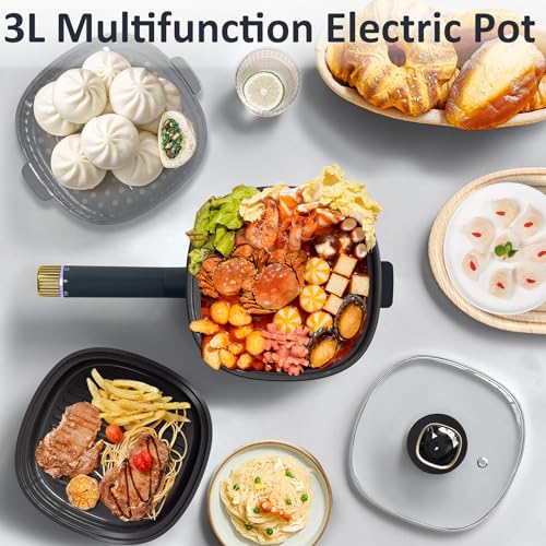 DEZIN Hot Pot Electric 3L, Non-Stick Electric Pot with 2L Grill Pan & 2.5L Steamer, 3-in-1 Electric Cooker with Dual Power Level for Dorm, Family & Friend Gathering, 1000W Rapid Pot