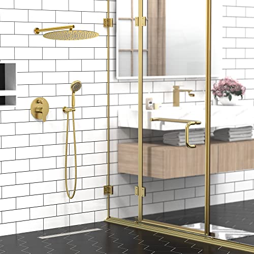 SR SUN RISE Shower Faucet - 3 Function High Pressure 10 Inch Shower System- 6 Setting Handheld Shower Head Fixtures- Valve Included Shower Faucet Set - Brushed Gold
