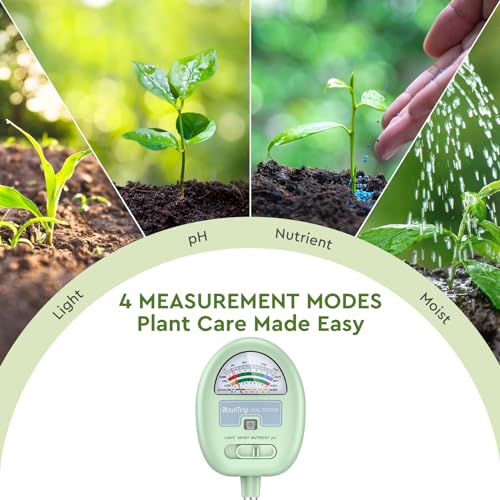 Soil Moisture Meter,4-in-1 Soil Ph Meter, Soil tester for Moisture, Light,Nutrients, pH,Soil Ph Test Kit, Great for Garden, Lawn, Farm, Indoor & Outdoor Use (No Battery Required)