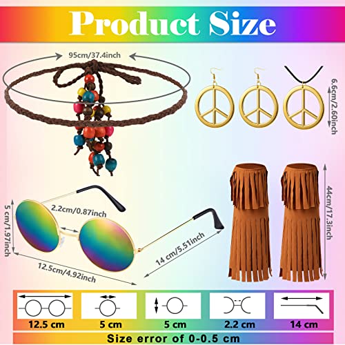 6 Pcs 60s 70s Outfits for Women Hippie Costume Accessories Fringe Vest Sunglasses Necklaces Earring Headband(Black,Small)
