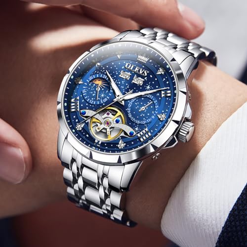 OLEVS Mens Automatic Watches Self-Winding Starry Sky Diamond Skeleton Luxury Wrist Watch Waterproof Luminous