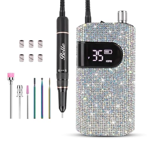 Belle Professional Nail Drill Machine, Sparkly Electric Nail Drill for Acrylic Nails, Cordless Portable Nail Drill Kit with Drill Bits & Sanding Bands, Manicure Pedicure Tools for Home and Salon
