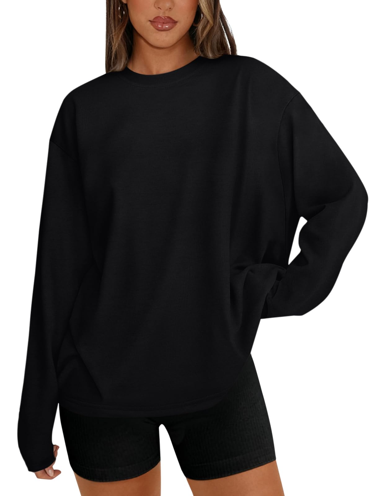REORIA Women's Oversized Y2K Long Sleeve T-Shirt Crewneck Fall Casual Tee Basic Workout Top Trendy Winter Clothes 2025(Black Medium)