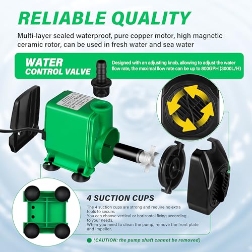 YSSOA 660GPH Submersible Water Pump (2500L/H, 45W) with Bottom Suction, 8.2ft High Lift, 3 Nozzles - Perfect for Fish Tank, Pond, Aquarium, Hydroponics