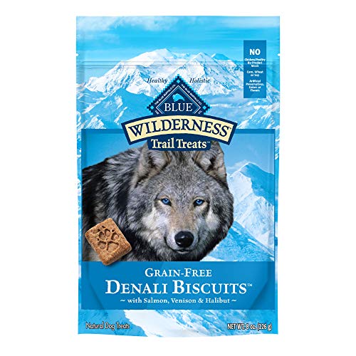 Blue Buffalo Wilderness Denali Biscuits High Protein Grain Free Crunchy Dog Treats, Wild Salmon, Venison, & Halibut 8-oz bag