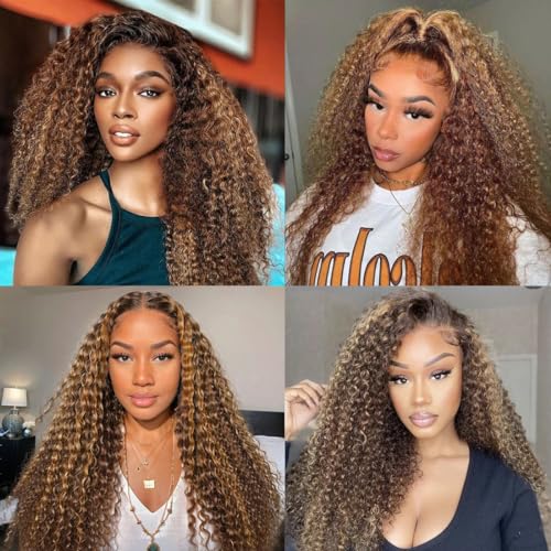 ZANPAL 4/27 Highlight Lace Front Wig Human Hair 18 Inch Honey Blonde Curly Human Hair Wig 180 Density 13x4 Hd Transparent Frontal Wig Ombre Deep Curly Wig For Black Women Pre Plucked With Baby Hair