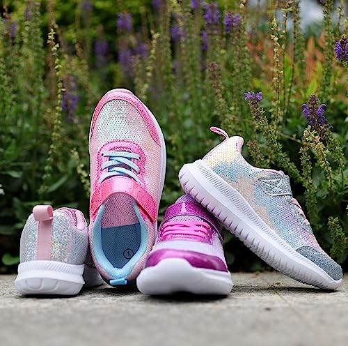 Toandon Girls Kids Sneakers Glitter Shoes Breathable Lightweight Elastic Band Athletic Running Walking Sparkle Glimmer Fashion Outdoor Child Strap White Size 1