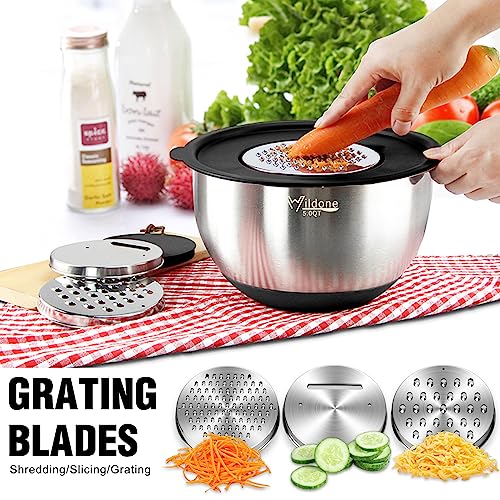 Wildone Mixing Bowls with Airtight Lids, 27 PCS Stainless Steel Nesting Bowls, with 3 Grater Attachments, Scale Mark & Non-Slip Bottom, Size 5, 4, 3, 2, 1.5, 1, 0.63QT, Ideal for Mixing & Prepping