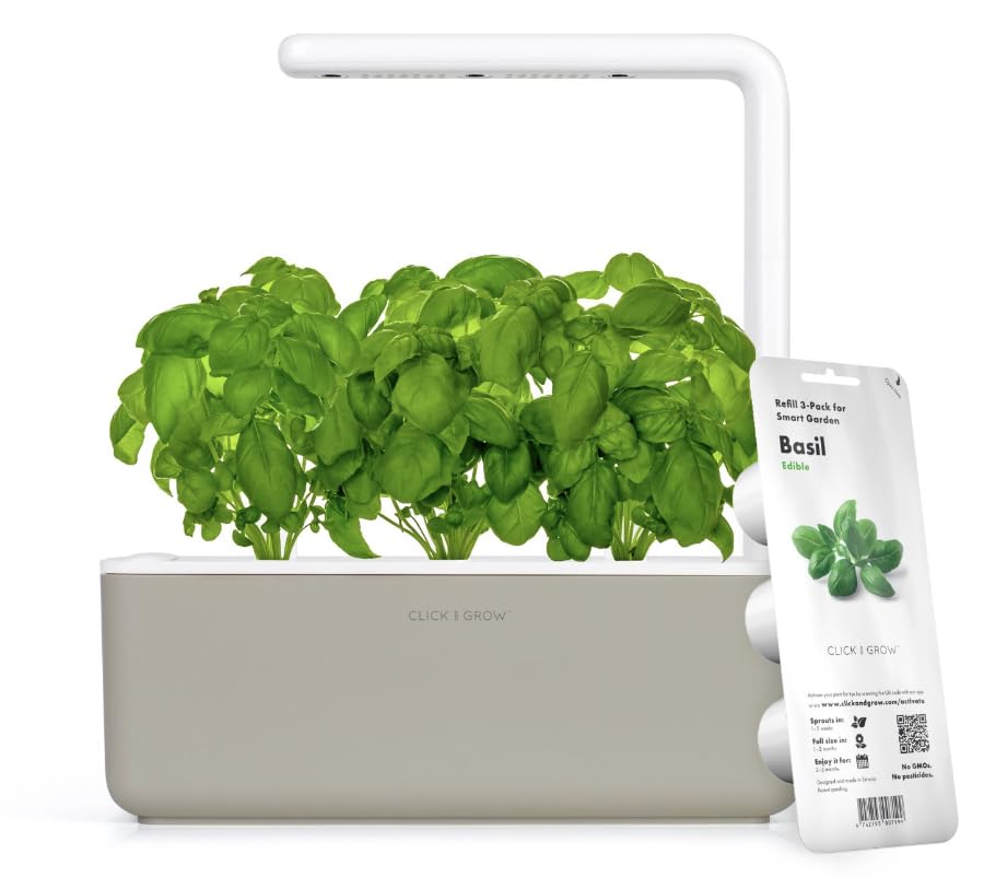 Click & Grow Smart Garden, 3 Pods Indoor Herb Growing System (3 Basil Pods Included)| Easier Than Hydroponics Growing System, Automatic Nutrients, Watering and Grow Light, Noise-free Technology, Beige