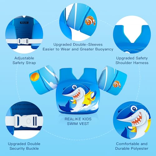 REALIKE Kids Swim Vest for Toddler Floaties Swimming Aids with Shoulder Harness Arm Wings for Children/Infant/Baby,Sea Beach/Pool/Lake, Suitable for 28-70lbs Boys/Girls