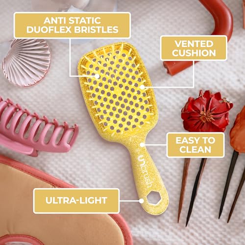 FHI Heat UNbrush Detangling Brush for Pain-Free Brushing on All Wet or Dry Hair Types — Durable DuoFlex Anti-Static Bristles, Lightweight Handle, Vented Hair Brush, Amber Yellow