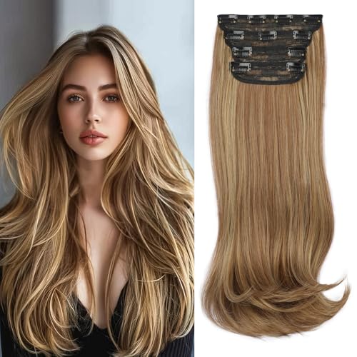 FREEMEIGE Clip in Long Wavy Synthetic Hair Extension 20 Inch Medium Brown 4PCS Thick Hairpieces Fiber Double Weft Hair for Women