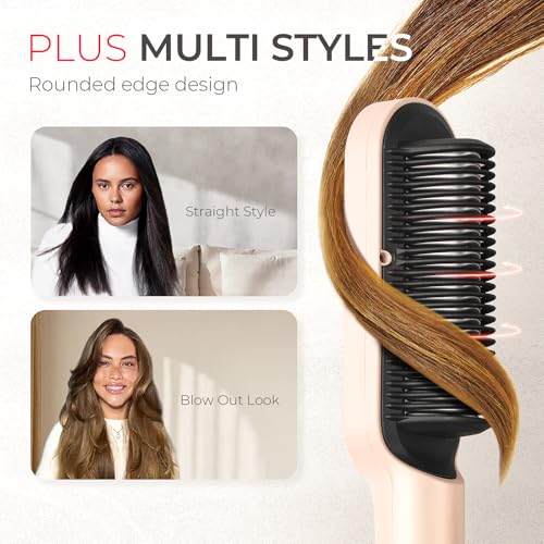 TYMO Ring Plus Ionic Hair Straightener Brush - Straightening Comb with Negative Ions for Women, Titanium Coating, 9 Temp Settings & LED Display, Dual Voltage, Professional Styling Tools, Gold Blush