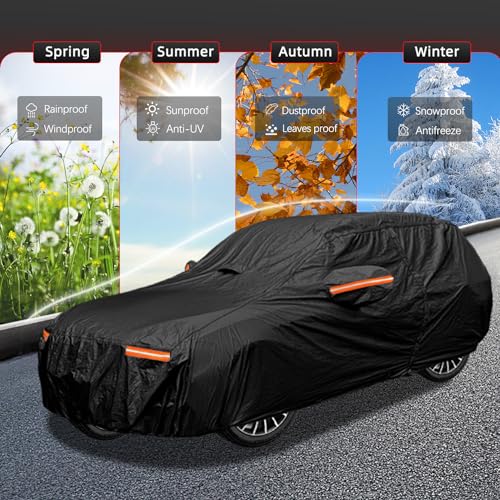 OWEEIO 30 Layers SUV Car Cover for Automobiles All Weather Waterproof, Outdoor Snowproof UV Protection Windproof, Door Zipper, Soft Cotton, Heavy Duty Universal Car Covers, (Black, Fit SUV 171"-180")