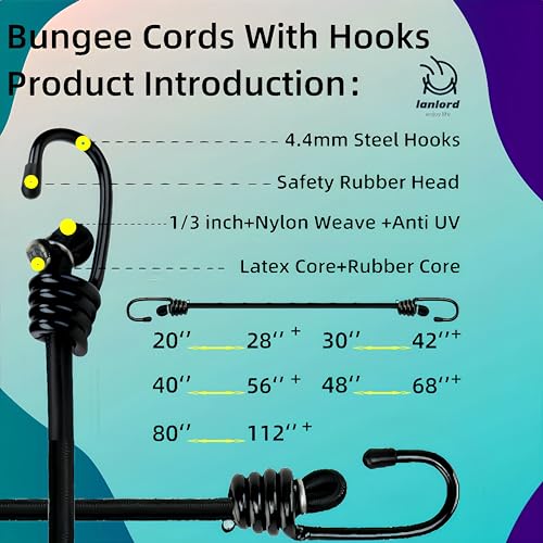 Lanlord Latex Black Heavy Duty Outdoor 20 Inch Bungee Cords with Hook Bungee Straps 2Pcs20inch