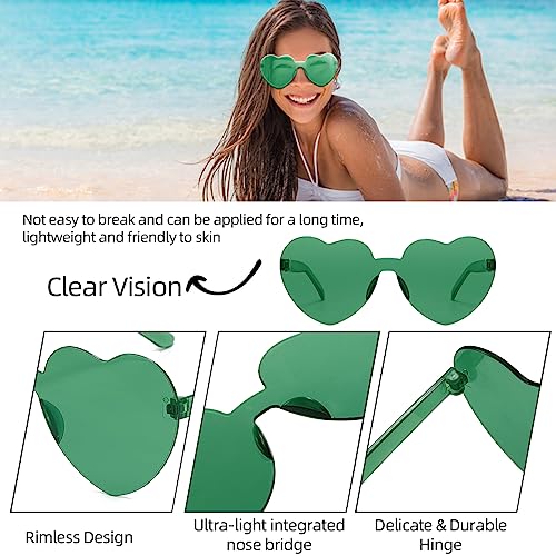 Colrea 12 Pairs Heart Sunglasses for Women Men, Trendy Heart Shaped Rimless Transparent Sunglasses, Colorful Frameeless Heart Glasses, Bachelorette Party Favors