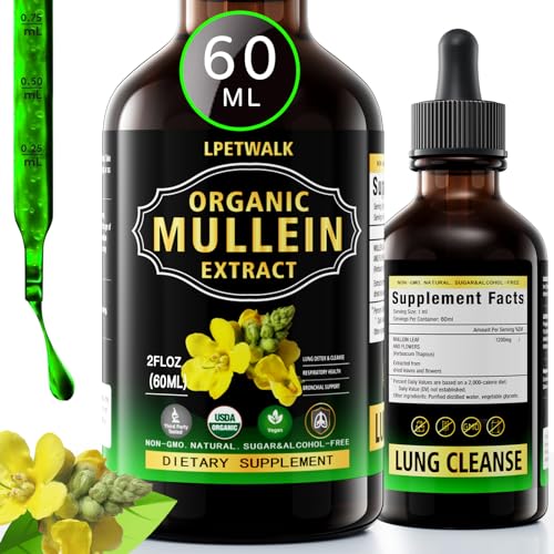 2 Fl oz Mullein Leaf Extract - Organic Mullein Leaf Liquid Drops Tincture Supplement High Bioavailability for Women, Men 98% Absorption, Herbal Goodness -Big Capacity (60ML)