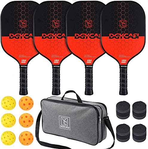 YC DGYCASI Graphite Pickleball Paddles Set of 4, 2024 USAPA Approved, Carbon Fiber Surface (CHS), Polypropylene Lightweight Honeycomb Core, 3 Indoor 3 Outdoor Pickleball, 4 Replacement Soft Grip + Bag