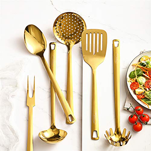 Marco Almond® Utensil Set, Golden Titanium Utensils Sets, Stainless Steel Kitchen Cooking Spoons, Ladle Skimmer & Spatula Utensil Sets,6PCS Frying & Grilling Cookware Tools