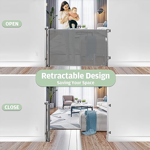 Retractable Baby Gate with Pet Door (55” Wide x 35” Tall) Retractable Dog Gate with Cat Door Indoor Outdoor Mesh Pet Gate for Cats/Puppy/Doggy/Toddler, Cat Safety Gate for Stairs and Doorways(Grey)