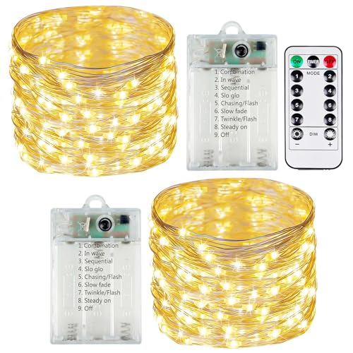 2 Pack Fairy Lights Battery Operated with Remote Control Timer, LED String Lights Outdoor Indoor, 8 Mode Twinkle Lights for Christmas Party Wedding Birthday Bedroom Décor (Warm White)