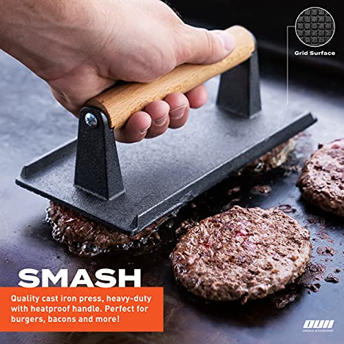 OUII Flat Top Griddle Accessories Set for Blackstone and Camp Chef Griddle - 12 Inch Heavy Duty Round Basting Cover Cheese Melting Dome with Cast Iron Burger Bacon Press & Basting Brush