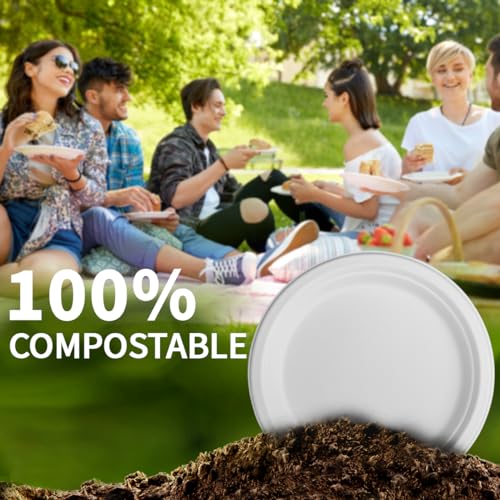 150 Pieces 100% Compostable Paper Plates (White 7inch) Heavy Duty Disposable Plates Eco Plates Made of Sugarcane Fiber Biodegradable Plates for Everyday Dinner, Party, Barbecue