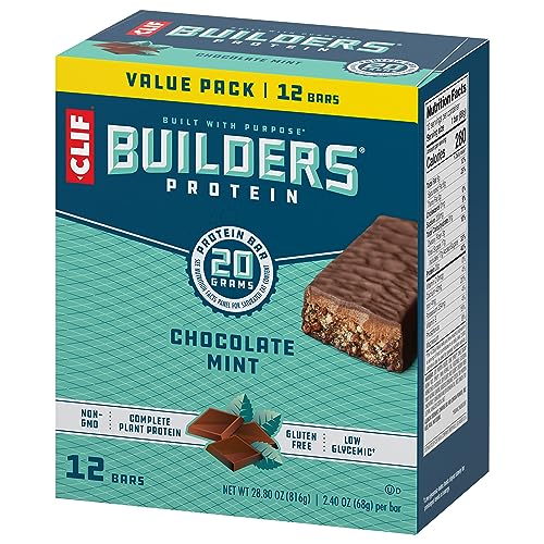 CLIF Builders - Chocolate Mint Flavor - Plant Based Protein Bars - Gluten Free - Non-GMO - Low Glycemic - 20g Protein - 2.4 oz. (12 Pack)