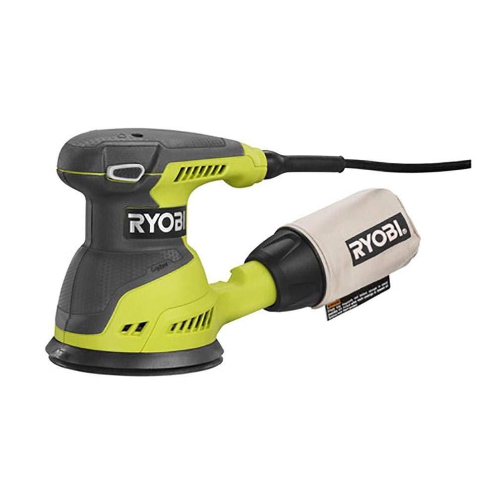 Ryobi RS290G 2.6 Amp 12,500 OPM Single Speed 5 Inch Hook and Loop Corded Random Orbit Sander w/ 3 Pads and Dust Bag