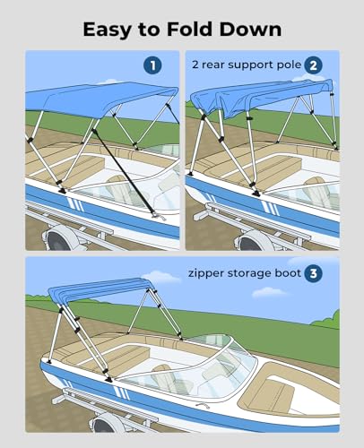 KEMIMOTO Bimini Top for Boat, 3 Bow 4 Bow Bimini Tops Cover 600D Marine Grade Canvas Boat Canopy with 6-8ft Length 54" - 96" Width, Includes Mounting Hardware, 2 Straps 2 Rear Support Poles