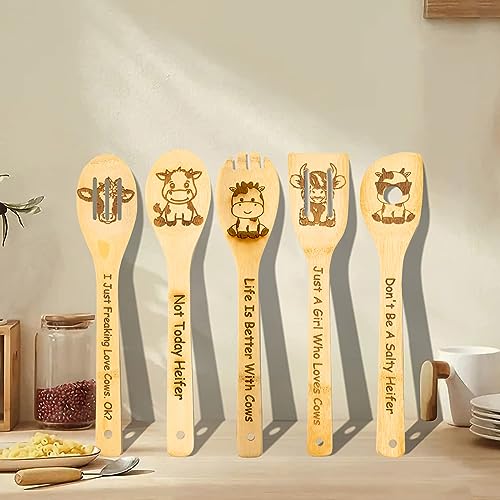 5PCS Initial Wooden Cooking Spoons Initial Letter Kitchen Decor Gifts Personalized Monogrammed Birthday Gifts for Women Mom Friend Housewarming Wedding Bamboo Cooking Spoons