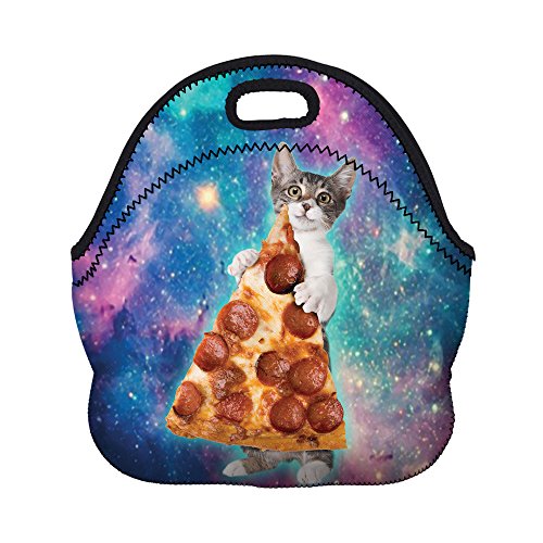 HAPPYLIVE Neoprene Lunch Bag, Cat Take Pizza, Unisex, 11.8" x 11.2" x 6.5", 8.7" Deep, Easy Zip Closure, Great for School or Work Lunches